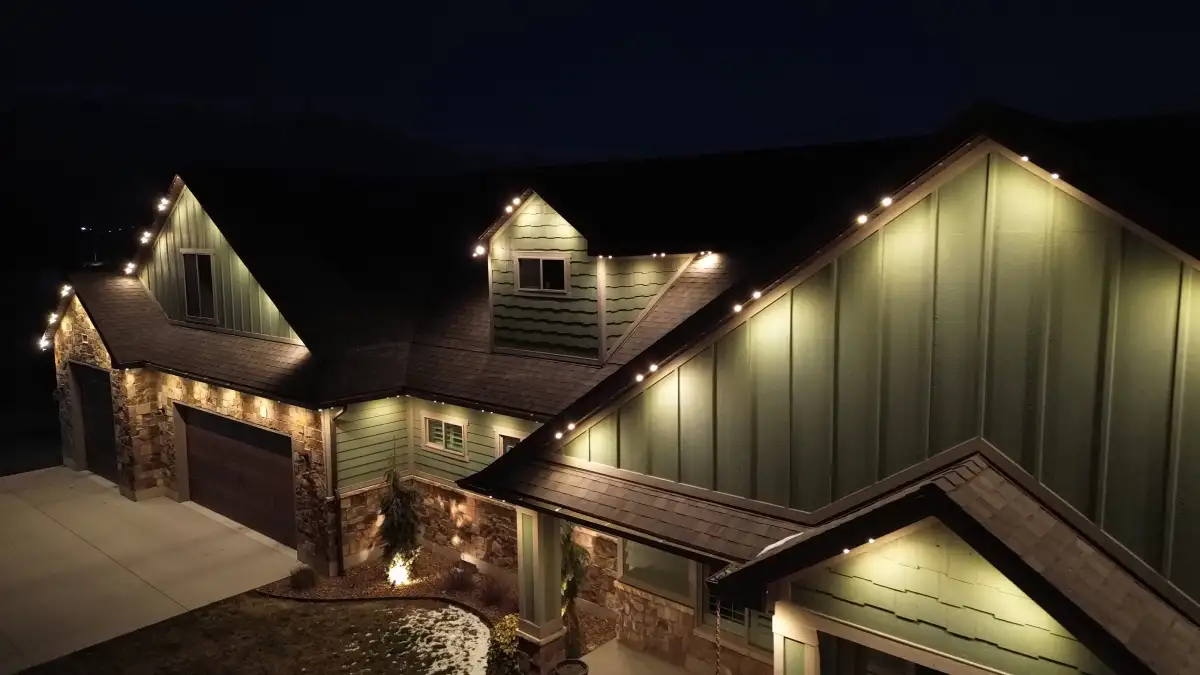 Accent lighting on a two-story home in the Midlands
