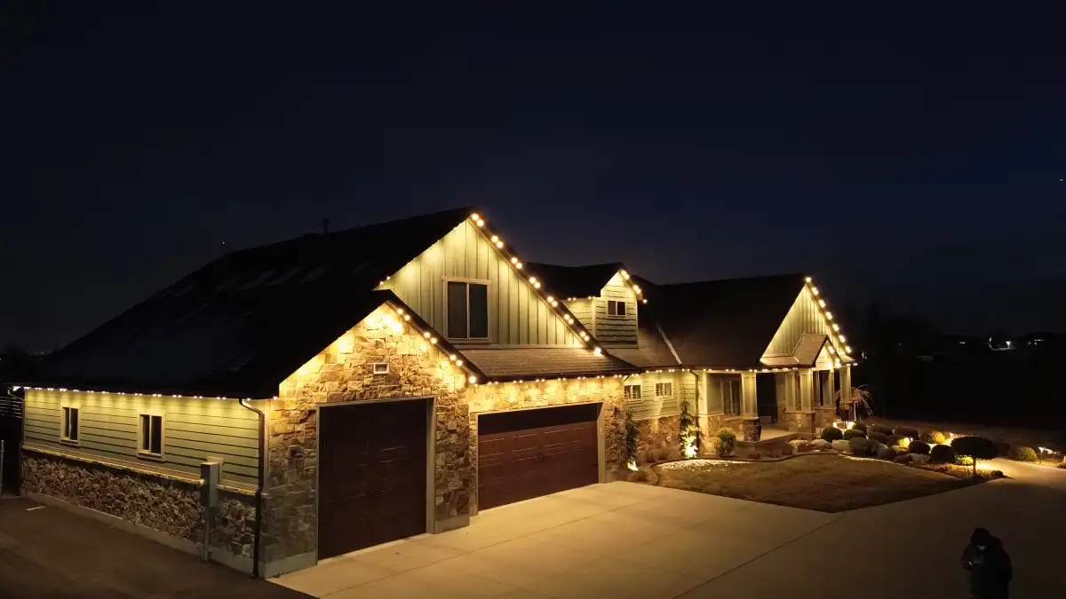 Permanent outdoor accent lighting on a ranch-style home