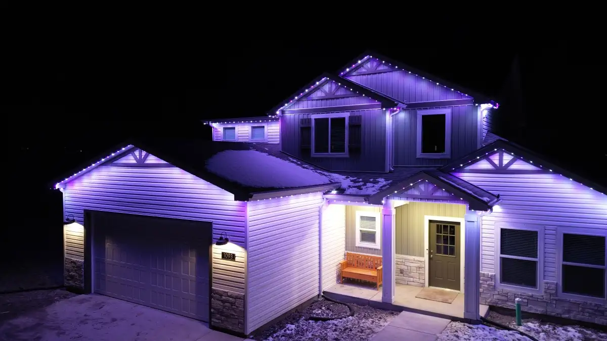 Christmas light display on a two-story home