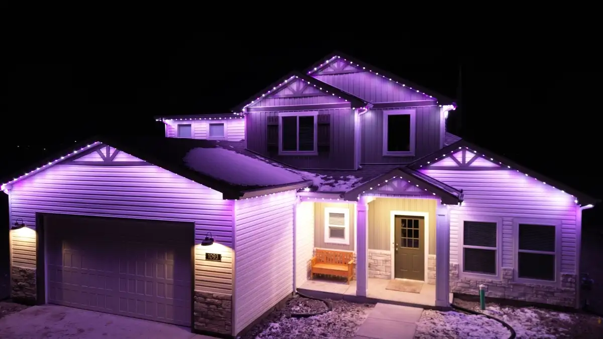 Permanent lights set to holiday color scheme