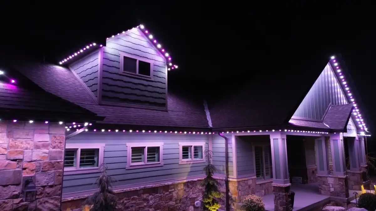 Holiday lighting on a brick home in the Midlands